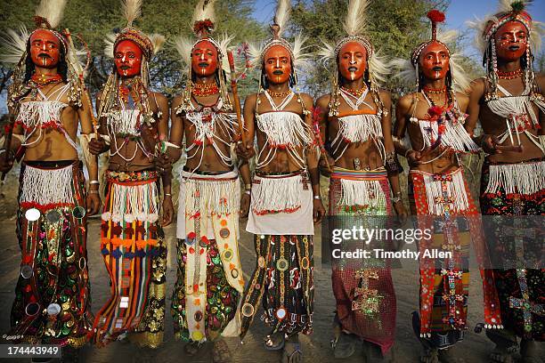 a line of wodaabe men dancing - futa stockfoto's en -beelden