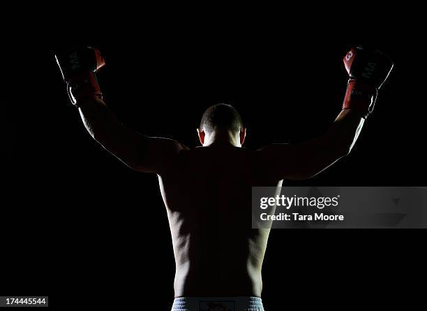 back view of boxer holding arms in air - boxer stock pictures, royalty-free photos & images