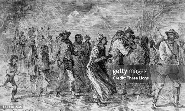 An illustration showing escaped slaves, including women and children, on a route using the Underground Railroad, United States, circa 1800.