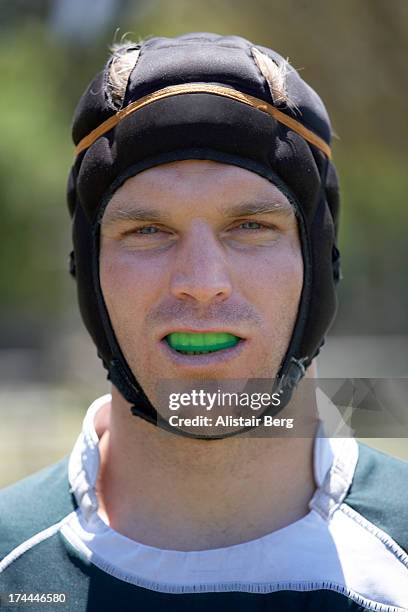 portrait of rugby player - mundschutz stock-fotos und bilder
