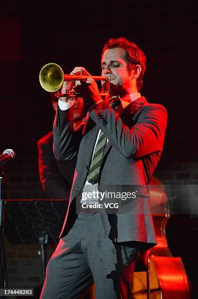 Jazz musician Dominick Farinacci performs on the stage in concert at the Rockbund on July 25, 2013 in Shanghai, China.