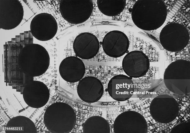 Aerial view of fibreglass acoustic diffusers above the audience attending a concert by the BBC Symphony Orchestra, at the Royal Albert Hall in...