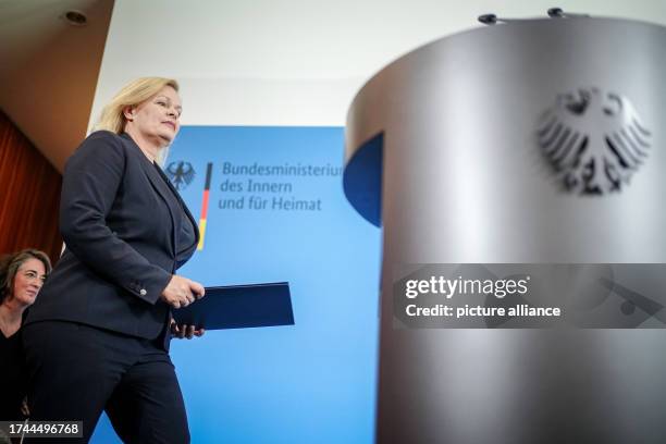 October 2023, Berlin: Nancy Faeser , Federal Minister of the Interior and Home Affairs, comes to the press conference with the presentation of the...