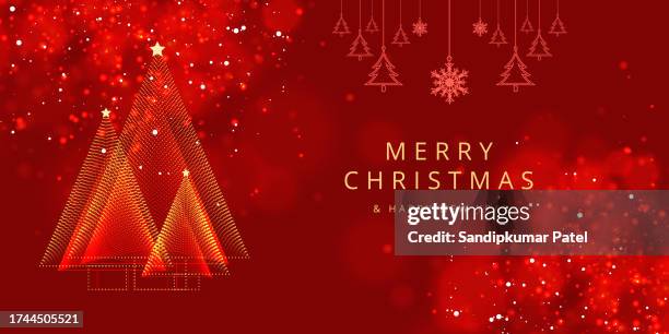golden colored triangular tree with star over a vibrant dark maroon red horizontal xmas festive vector backgrounds for greeting cards with text message merry christmas - bare christmas tree stock illustrations