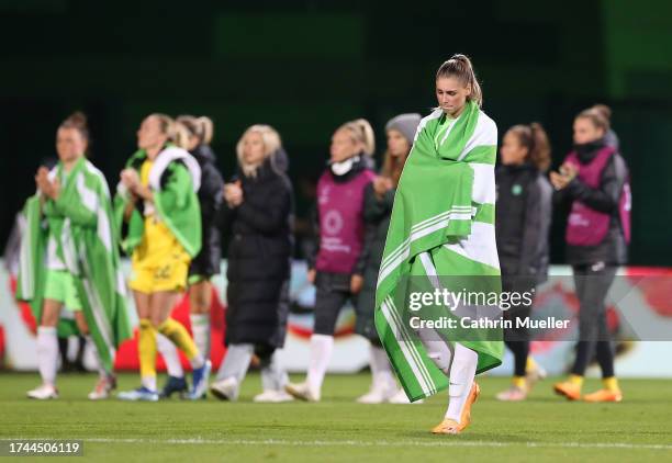 Jule Brand of VfL Wolfsburg looks dejected after the UEFA Women's Champions League Qualifying Round 2 Second Leg match between VfL Wolfsburg and...