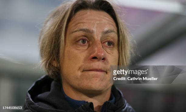 Sandrine Soubeyrand, Manager of Paris FC looks on prior to the UEFA Women's Champions League Qualifying Round 2 Second Leg match between VfL...