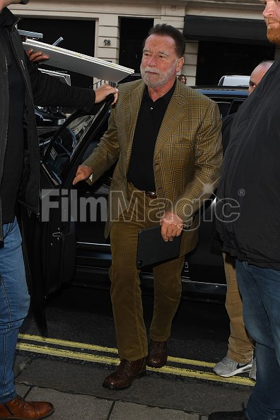 Arnold Schwarzenegger is seen arriving at his Hotel on October 25 2023