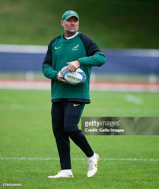 Jacques Nienaber of South Africa during the South Africa men's national rugby team training session at Stade des Fauvettes on October 25, 2023 in...