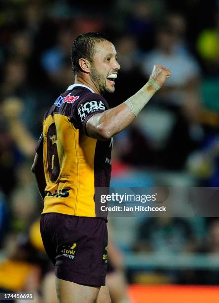 Scott Prince of the Broncos celebrates after winning the round 20 NRL match between the North Queensland Cowboys and the Brisbane Broncos at...