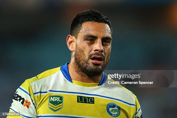 Reni Maitua of the Eels looks dejected during the round 20 NRL match between the Canterbury Bulldogs and the Parramatta Eels at ANZ Stadium on July...