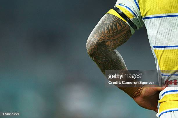 Sleeve tattoo is seen on the arm of Ben Roberts of the Eels during the round 20 NRL match between the Canterbury Bulldogs and the Parramatta Eels at...