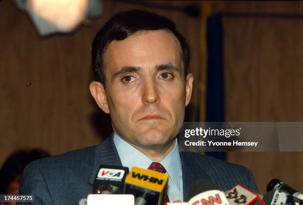 Rudolph Giuliani, US Attorney for the Southern District of New York, is photographed February 27, 1985 announcing the arrests in the "Commission"...