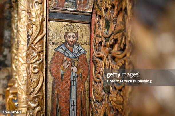 An icon is part of the iconostasis in the Church of Saint Michael the Archangel, the oldest wooden church in Ukraine, Stara Skvariava village, Lviv...