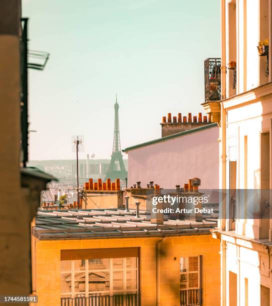 the eiffel tower seen from the montmartre hill between the rooftop chimneys. - church color light paris stockfoto's en -beelden
