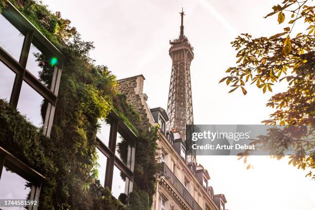 the eiffel tower in paris emerges between building with green vertical garden façade. - bâtiment écologique photos et images de collection