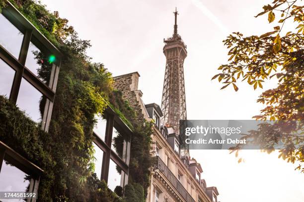 the eiffel tower in paris emerges between building with green vertical garden façade. - paris france stock pictures, royalty-free photos & images