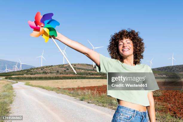 cheerful woman holding multi colored pinwheel toy - windrad stock-fotos und bilder