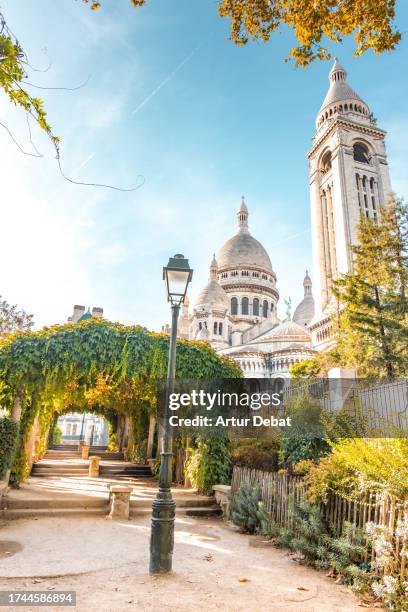 the sacre coeur monument in montmartre from a public park in paris. - church color light paris stockfoto's en -beelden