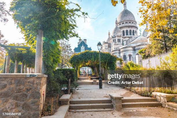 the sacre coeur monument in montmartre from a public park in paris. - church color light paris stockfoto's en -beelden