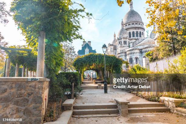 the sacre coeur monument in montmartre from a public park in paris. - tourism drop in paris stock pictures, royalty-free photos & images