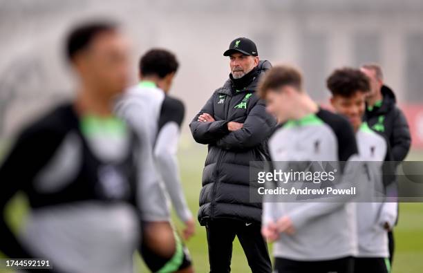 Jurgen Klopp manager of Liverpool during a training session at AXA Training Centre on October 19, 2023 in Kirkby, England.