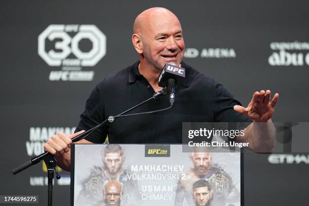 Dana White hosts the UFC 294 press conference at Etihad Arena on October 19, 2023 in Abu Dhabi, United Arab Emirates.