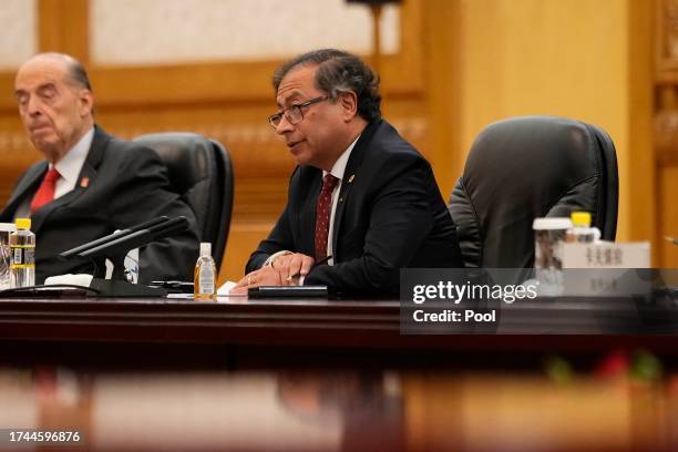 Colombian President Gustavo Petro attends a meeting with Chinese President Xi Jinping at the Great Hall of the People on October 25, 2023 in Beijing,...