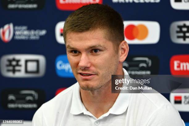 Owen Farrell of England talks to the media following a training session at Institut National du Sport on October 19, 2023 in Paris, France.