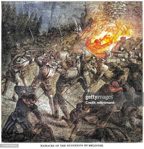 old engraved illustration of e massacre at matanzas inlet, the mass killing of french huguenots by spanish royal army troops near the matanzas inlet in 1565 - crime punishment stock pictures, royalty-free photos & images