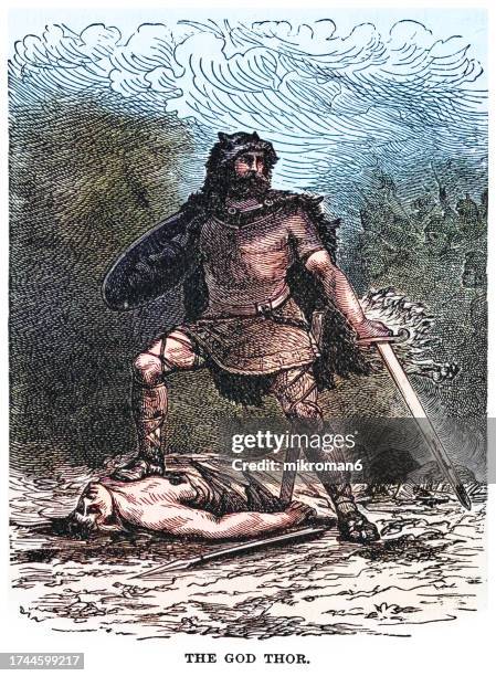 old engraved illustration of thor, a prominent god in germanic paganism, in norse mythology, he is a hammer-wielding god associated with lightning, thunder, storms, sacred groves and trees, strength, the protection of humankind, hallowing, and fertility - fallen lord stock pictures, royalty-free photos & images