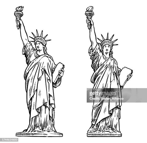 ilustraciones, imágenes clip art, dibujos animados e iconos de stock de dibujo vectorial de una estatua de la libertad - statue of liberty drawing