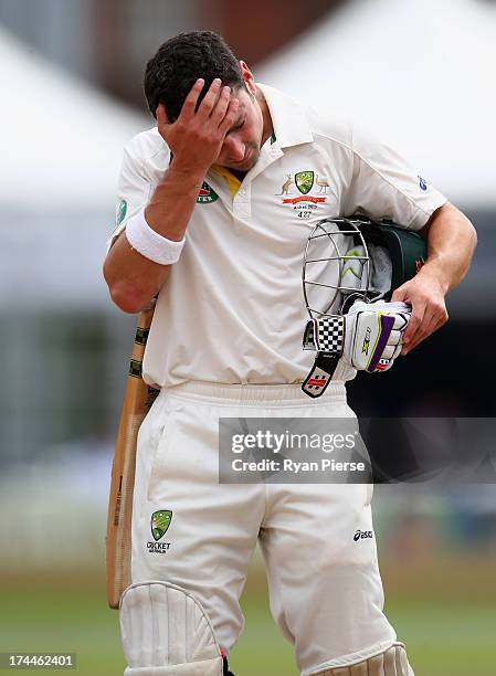 Ed Cowan of Australia looks dejected after being dismissed by Lewis Hatchett of Sussex during Day One of the Tour Match between Sussex and Australia...