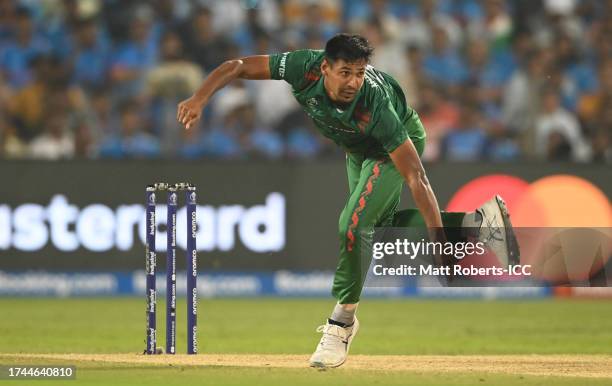 Mustafizur Rahman of Bangladesh in bowling action during the ICC Men's Cricket World Cup India 2023 between India and Bangladesh at MCA International...