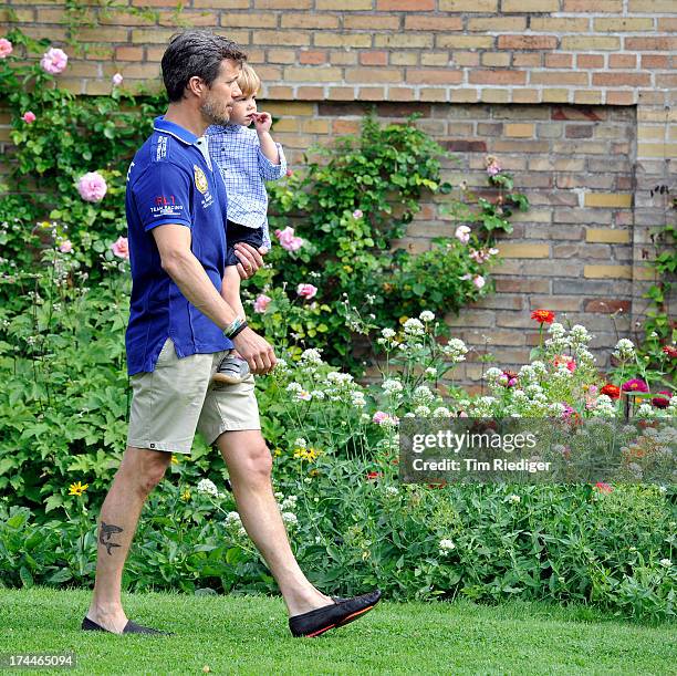 Crown Prince Frederik of Denmark and Prince Vincent of Denmark attend the annual Summer photocall for the Royal Danish family at Grasten Castle on...