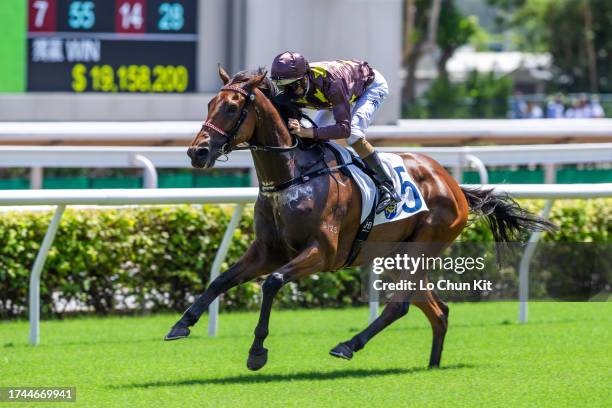 Jockey Hugh Bowman riding Sure Joyful wins the Race 2 So Kon Po Handicap at Sha Tin Racecourse on September 17, 2023 in Hong Kong.