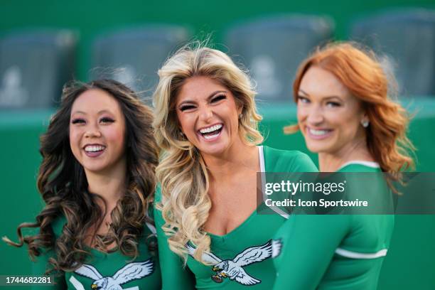 Philadelphia Eagles cheerleaders pose during the game between the Miami Dolphins and the Philadelphia Eagles on October 22, 2023 at Lincoln Financial...