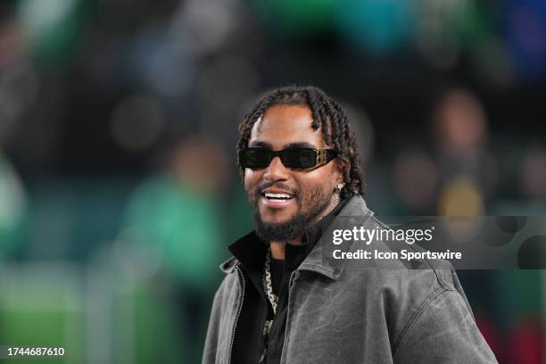 Retired receiver DeSean Jackson looks on during the game between the Miami Dolphins and the Philadelphia Eagles on October 22, 2023 at Lincoln...