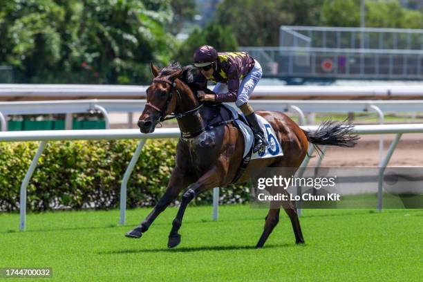 Jockey Hugh Bowman riding Sure Joyful wins the Race 2 So Kon Po Handicap at Sha Tin Racecourse on September 17, 2023 in Hong Kong.