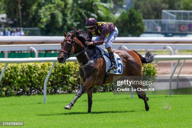 Jockey Hugh Bowman riding Sure Joyful wins the Race 2 So Kon Po Handicap at Sha Tin Racecourse on September 17, 2023 in Hong Kong.