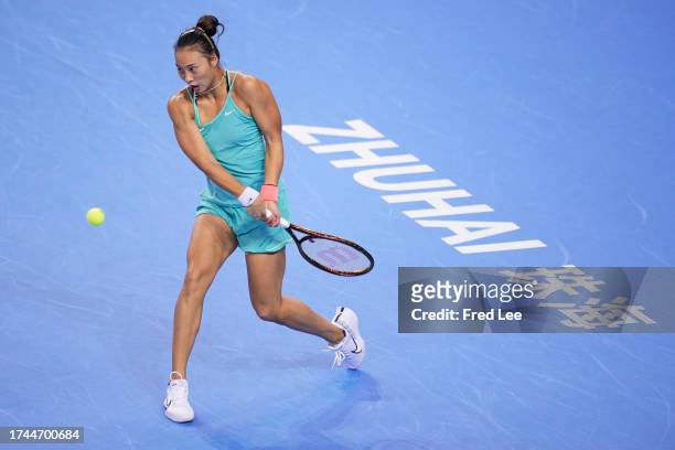 Qinwen Zheng of China in action against Donna Vekic of Croatia in the Women's Singles first round match on Day 2 of the WTA Elite Trophy Zhuhai 2023...