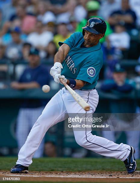 Raul Ibanez of the Seattle Mariners bats against the Cleveland Indians at Safeco Field on July 22, 2013 in Seattle, Washington.