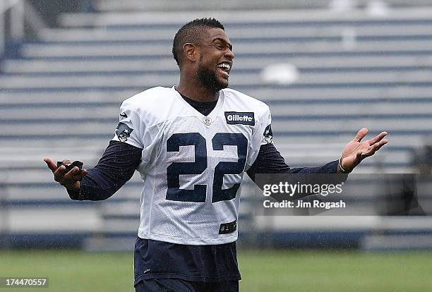 Stevan Ridley leaves the field after the first day of New England Patriots Training Camp at Gillette Stadium on July 26, 2013 in Foxboro,...