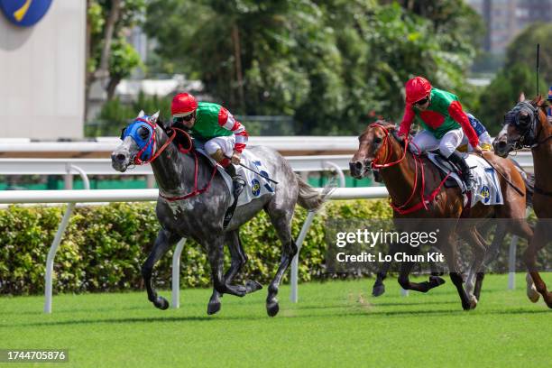 Jockey Hugh Bowman riding Chiu Chow Brother wins the Race 4 So Kon Po Handicap at Sha Tin Racecourse on September 17, 2023 in Hong Kong.