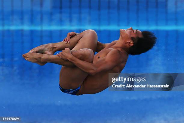 Yahel Castillo of Mexico competes in the Men's 3m Springboard Diving Final on day seven of the 15th FINA World Championships at Piscina Municipal de...