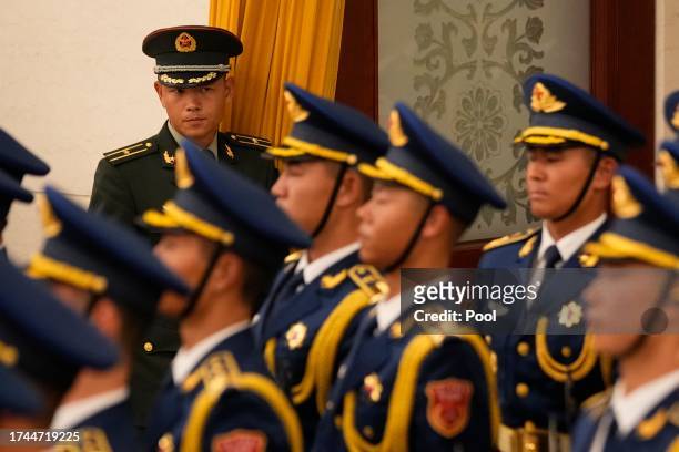 Members of the honor guard march during a welcome ceremony for Colombian President Gustavo Petro at the Great Hall of the People on October 25, 2023...