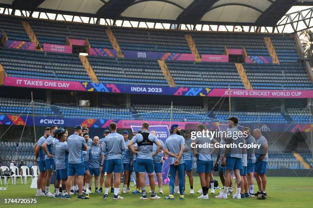 England huddle ahead of a nets session at Wankhede Stadium on October 19, 2023 in Mumbai, India.