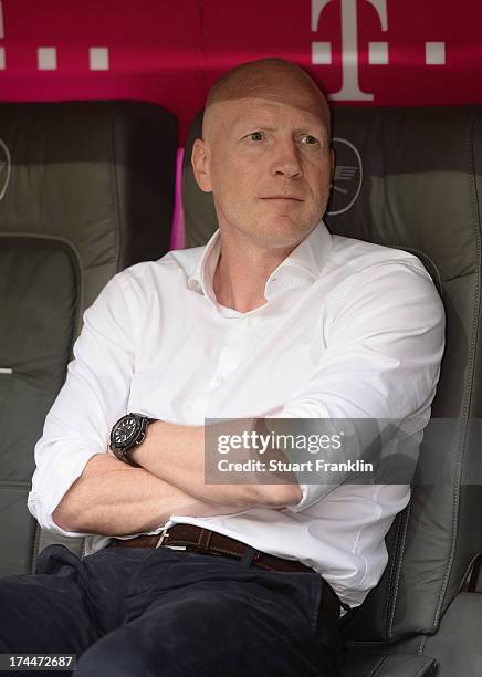 Matthias Sammer, manager of Muenchen ponders during the Uli Hoeness cup match between FC Bayern Munich and FC Barcelona at Allianz Arena on July 24,...