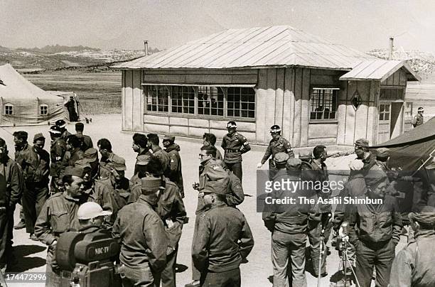 Global media reporters wait for the ceasefire talks in March 1953 in Panmunjom, Korea.