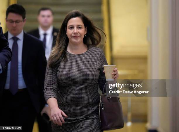 Rep. Elise Stefanik arrives for a House Republican members meeting as the conference continues to debate the race for Speaker of the House at the...