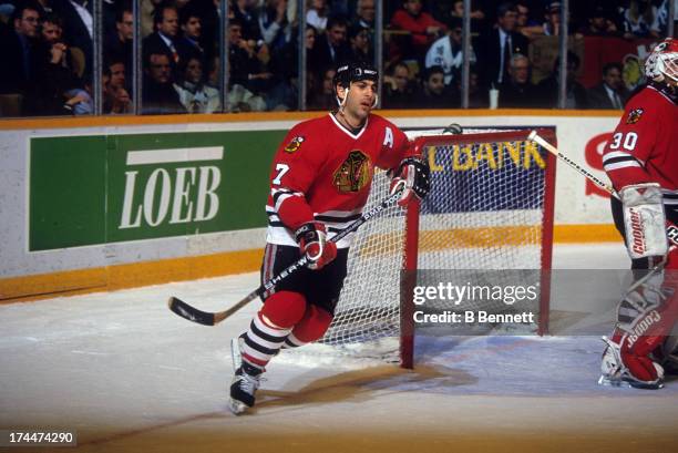 Chris Chelios of the Chicago Blackhawks skates on the ice during an NHL game against the Toronto Maple Leafs on April 12, 1994 at the Maple Leaf...